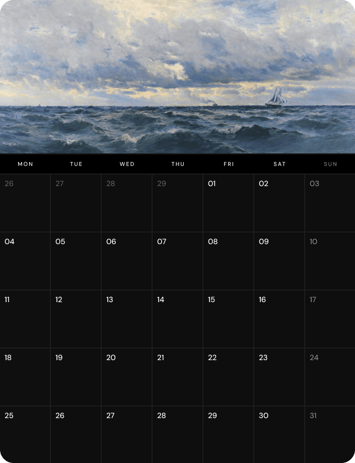 The Freaks monthly calendar view: a seascape painting above the grid of March days