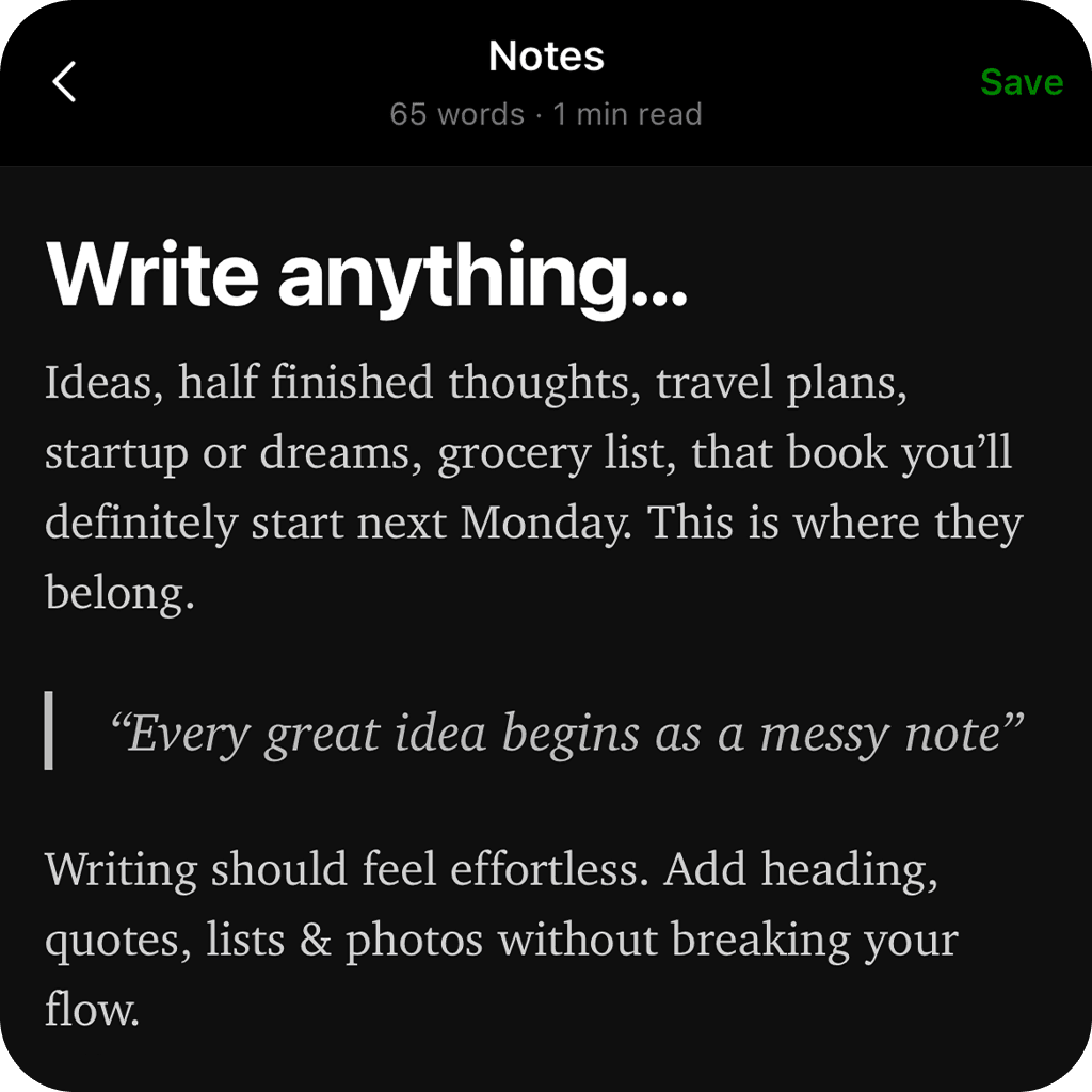 The Freaks notes screen: one focused note that says 'Write anything…'